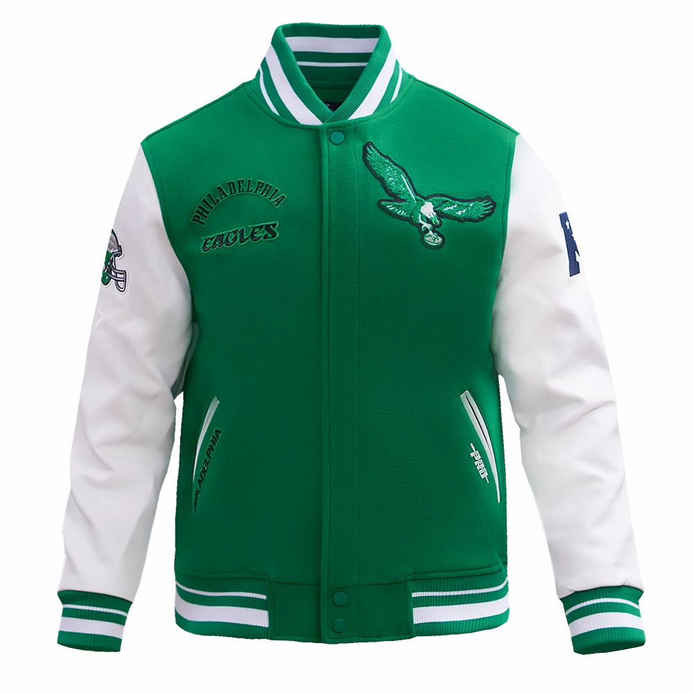 NFL PHILADELPHIA EAGLES RETRO CLASSIC MEN'S RIB WOOL VARSITY JACKET (KELLY GREEN/ WHITE)