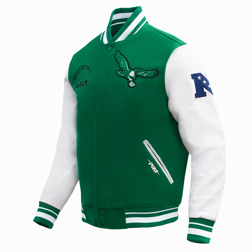 NFL PHILADELPHIA EAGLES RETRO CLASSIC MEN'S RIB WOOL VARSITY JACKET (KELLY GREEN/ WHITE)