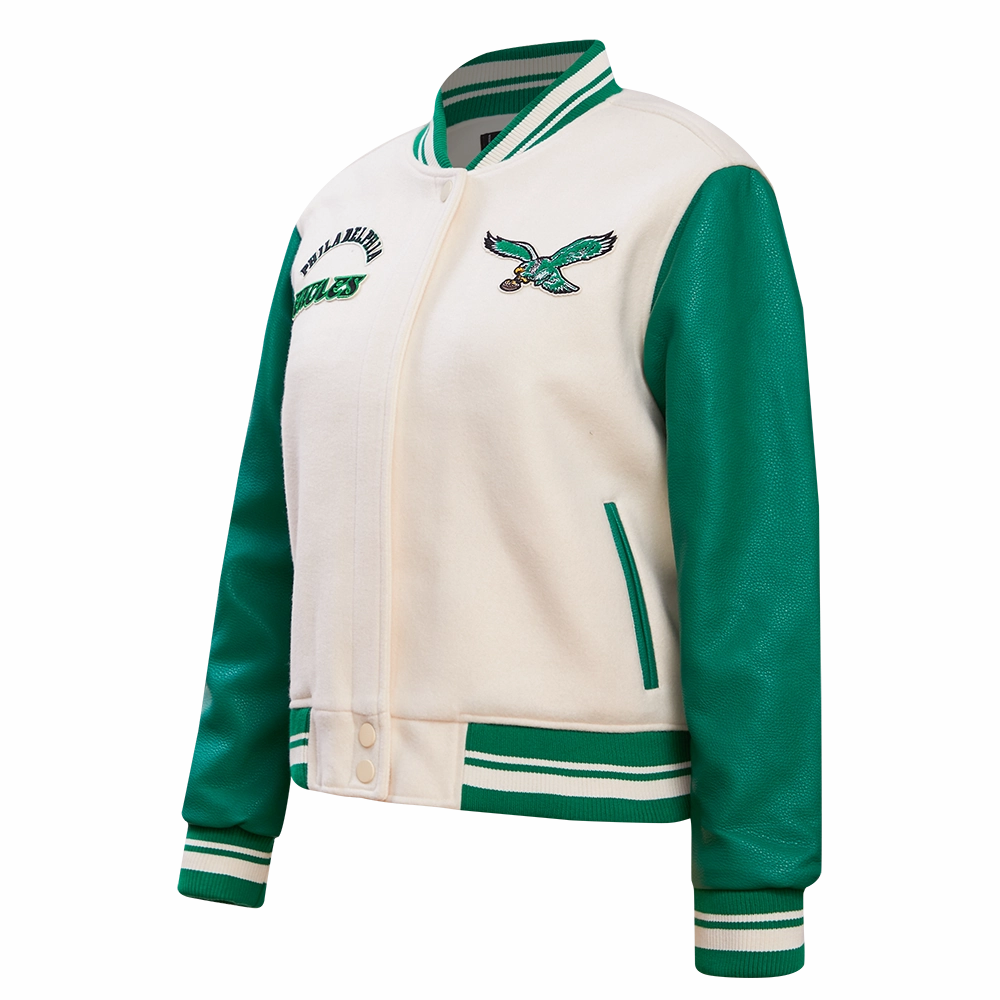 NFL PHILADELPHIA EAGLES RETRO CLASSIC WOMEN'S RIB WOOL VARSITY JACKET (EGGSHELL/ KELLY GREEN)