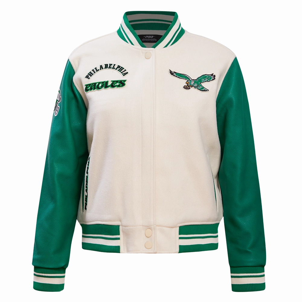 NFL PHILADELPHIA EAGLES RETRO CLASSIC WOMEN'S RIB WOOL VARSITY JACKET (EGGSHELL/ KELLY GREEN)