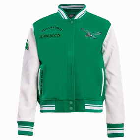 NFL PHILADELPHIA EAGLES RETRO CLASSIC WOMEN'S RIB WOOL VARSITY JACKET (KELLY GREEN/WHITE)