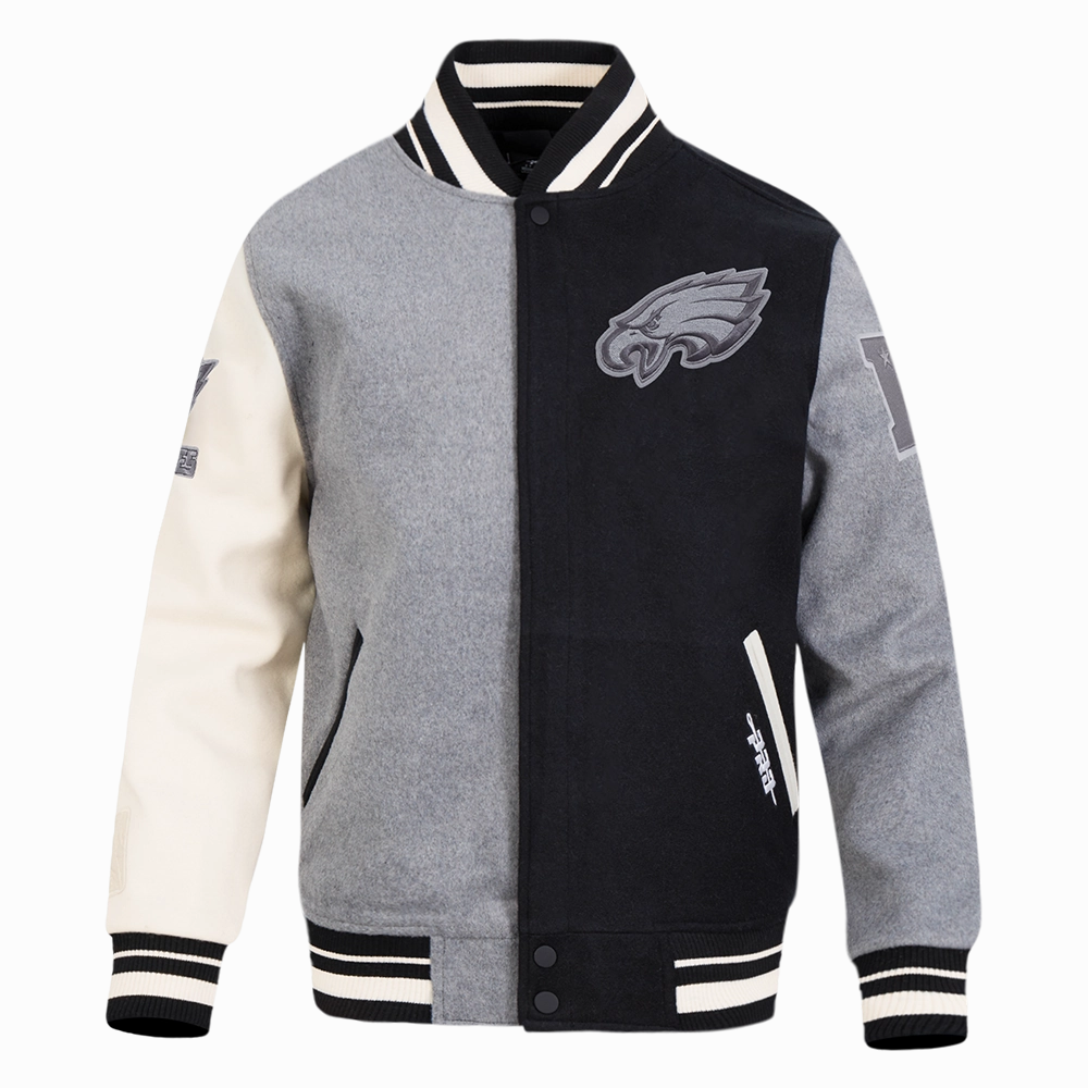 NFL PHILADELPHIA EAGLES REVERSE FRENCH TERRY MEN'S CB WOOL VARSITY J (BLACK/GRAY/EGGSHELL)