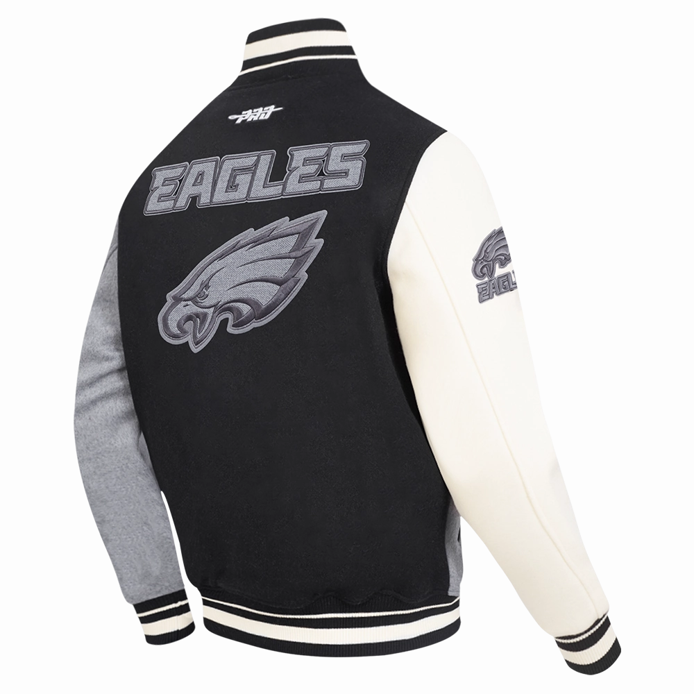 NFL PHILADELPHIA EAGLES REVERSE FRENCH TERRY MEN'S CB WOOL VARSITY J (BLACK/GRAY/EGGSHELL)