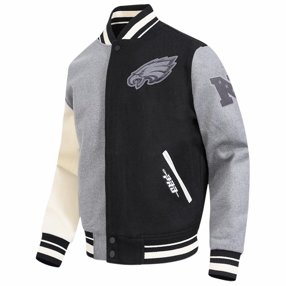 NFL PHILADELPHIA EAGLES REVERSE FRENCH TERRY MEN'S CB WOOL VARSITY J (BLACK/GRAY/EGGSHELL)