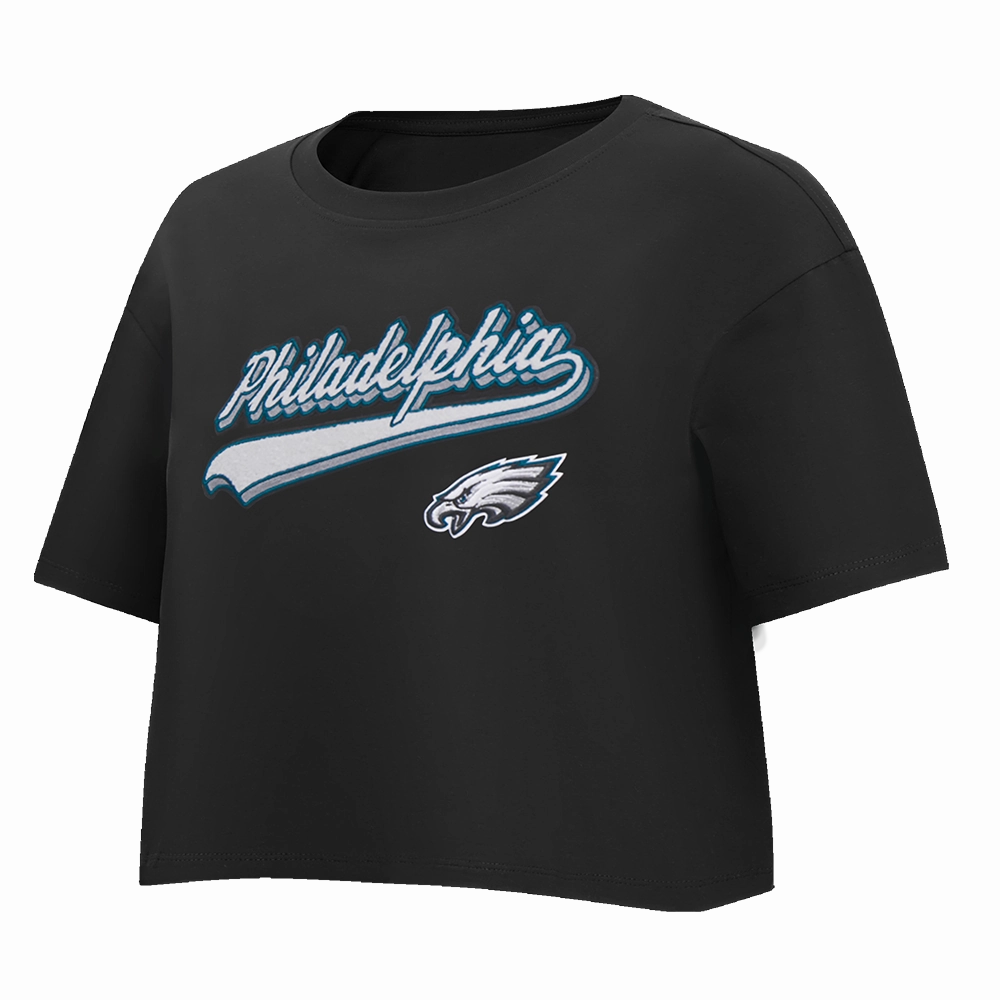 NFL PHILADELPHIA EAGLES SCRIPT TAIL WOMEN'S SINGLE JERSEY BOXY TEE (BLACK)
