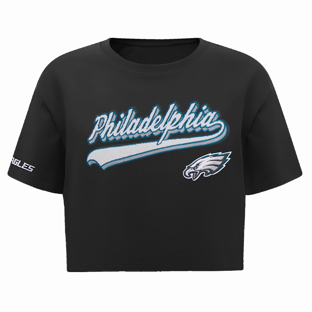 NFL PHILADELPHIA EAGLES SCRIPT TAIL WOMEN'S SINGLE JERSEY BOXY TEE (BLACK)