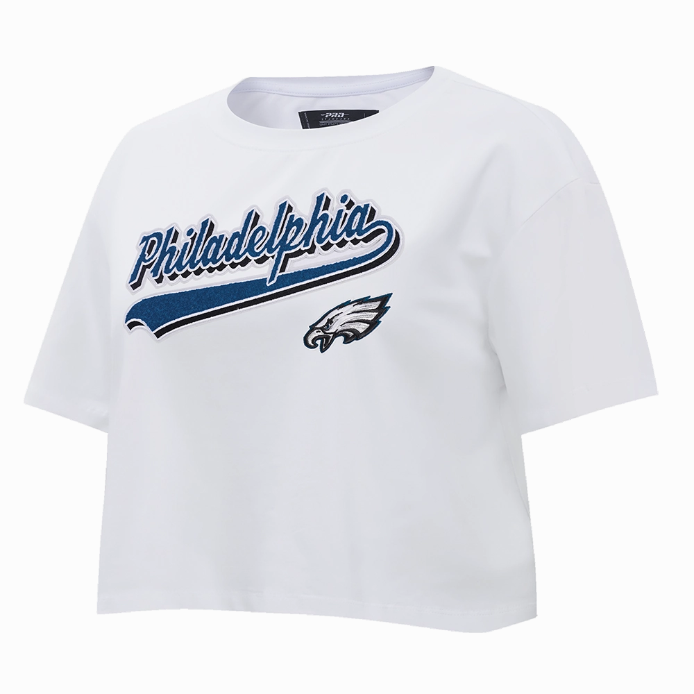 NFL PHILADELPHIA EAGLES SCRIPT TAIL WOMEN'S SINGLE JERSEY BOXY TEE (WHITE)