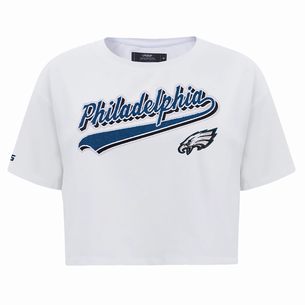 NFL PHILADELPHIA EAGLES SCRIPT TAIL WOMEN'S SINGLE JERSEY BOXY TEE (WHITE)