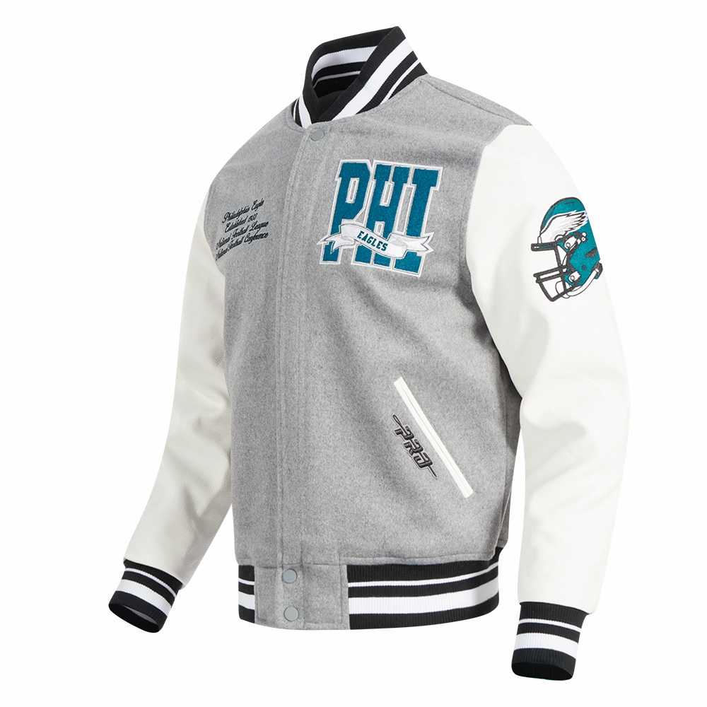 NFL PHILADELPHIA EAGLES TEAM PENNANTS MEN'S RIB WOOL VARSITY JACKET (HEATHER GREY/WHITE/BLACK)
