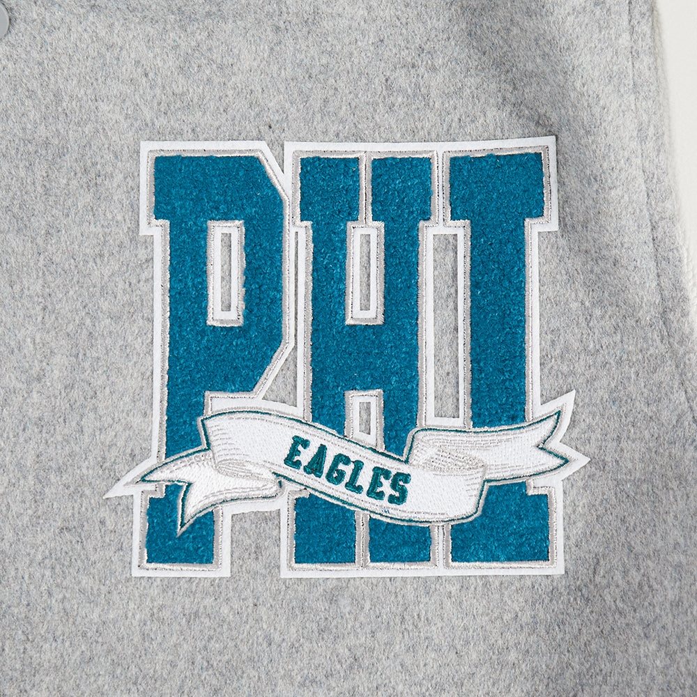 NFL PHILADELPHIA EAGLES TEAM PENNANTS MEN'S RIB WOOL VARSITY JACKET (HEATHER GREY/WHITE/BLACK)