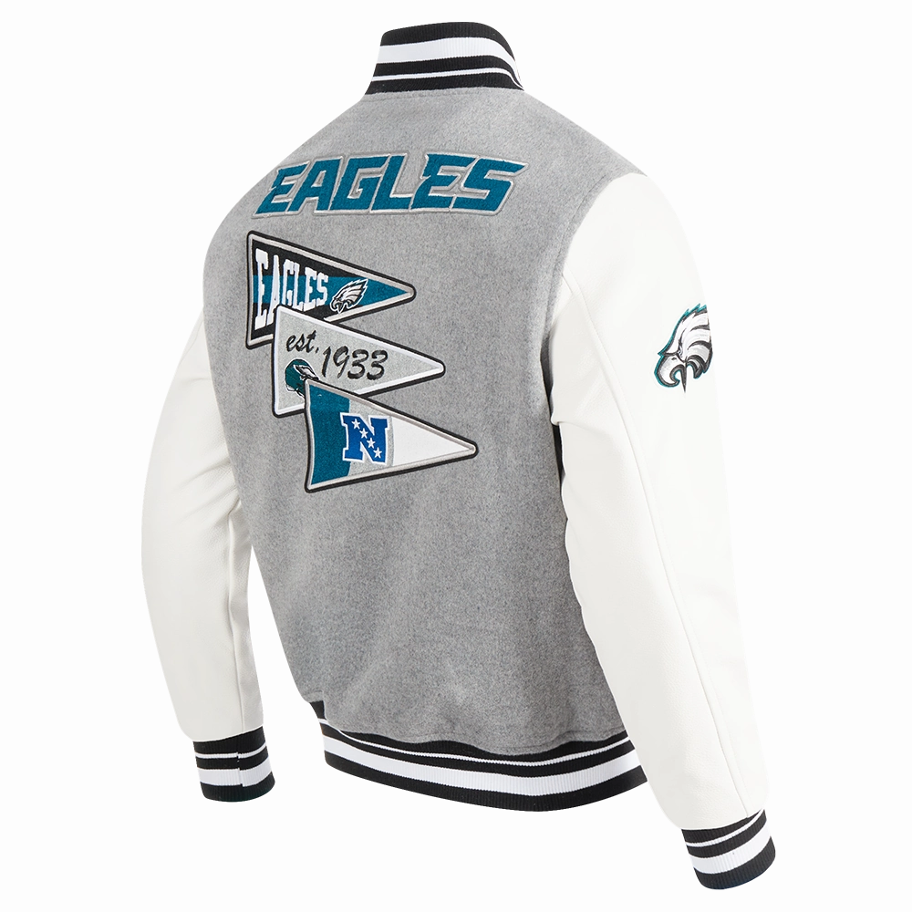 NFL PHILADELPHIA EAGLES TEAM PENNANTS MEN'S RIB WOOL VARSITY JACKET (HEATHER GREY/WHITE/BLACK)