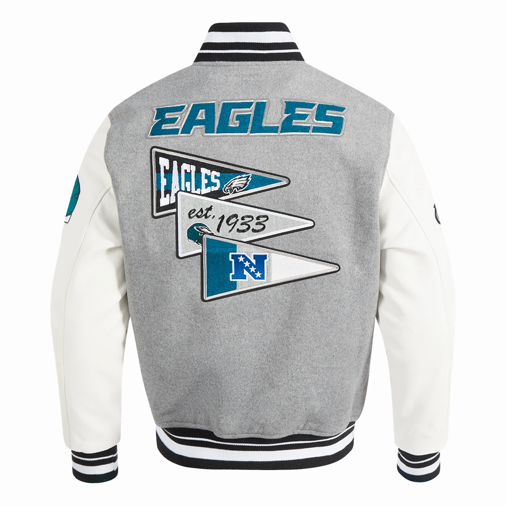 NFL PHILADELPHIA EAGLES TEAM PENNANTS MEN'S RIB WOOL VARSITY JACKET (HEATHER GREY/WHITE/BLACK)
