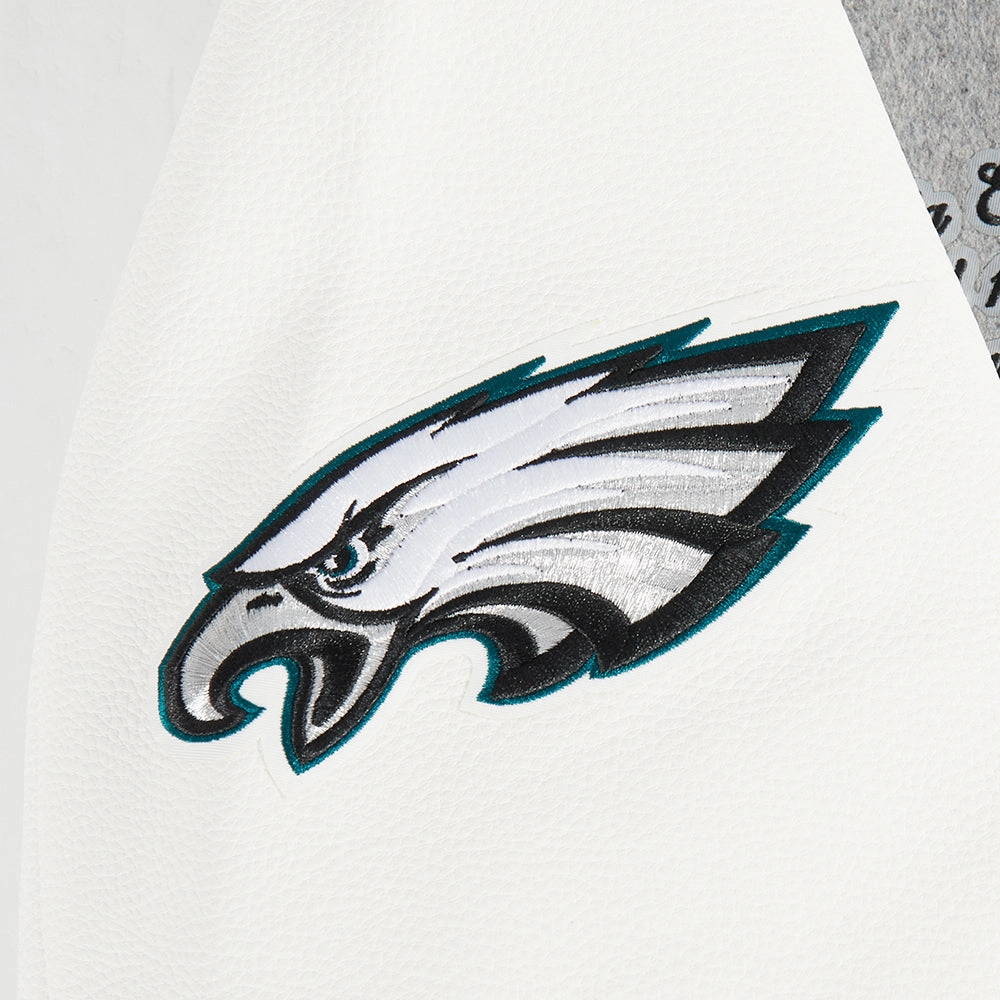 NFL PHILADELPHIA EAGLES TEAM PENNANTS MEN'S RIB WOOL VARSITY JACKET (HEATHER GREY/WHITE/BLACK)
