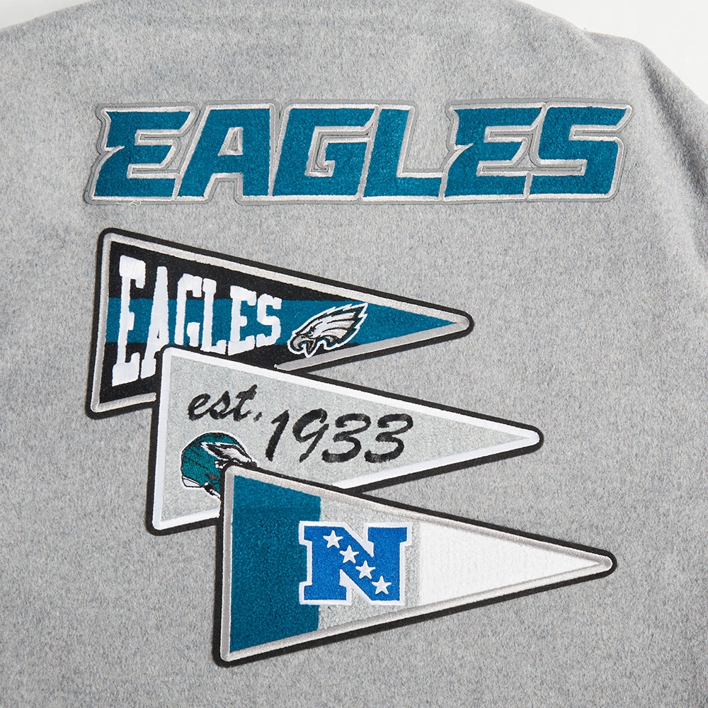 NFL PHILADELPHIA EAGLES TEAM PENNANTS MEN'S RIB WOOL VARSITY JACKET (HEATHER GREY/WHITE/BLACK)