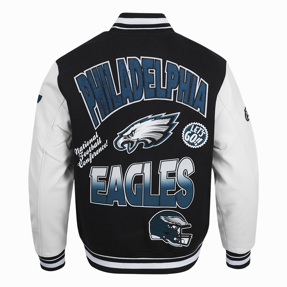 NFL PHILADELPHIA EAGLES TURN IT UP MEN'S RIB WOOL VARSITY JACKET (BLACK/WHITE)