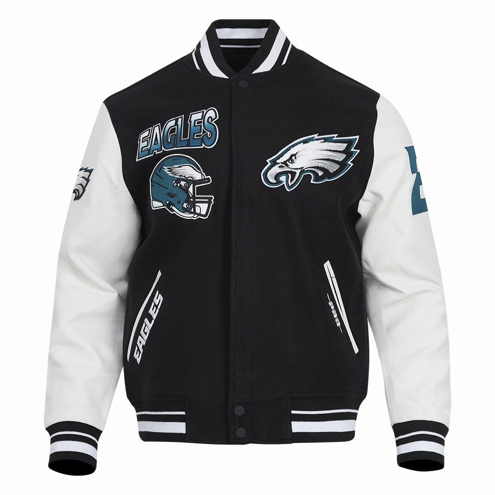 NFL PHILADELPHIA EAGLES TURN IT UP MEN'S RIB WOOL VARSITY JACKET (BLACK/WHITE)