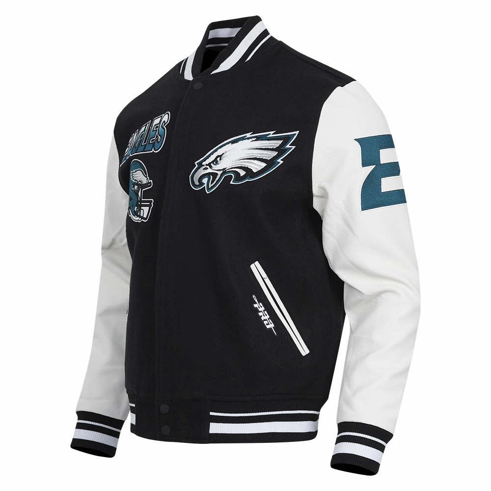 NFL PHILADELPHIA EAGLES TURN IT UP MEN'S RIB WOOL VARSITY JACKET (BLACK/WHITE)