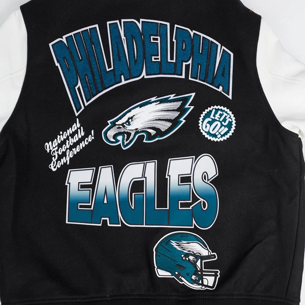 NFL PHILADELPHIA EAGLES TURN IT UP MEN'S RIB WOOL VARSITY JACKET (BLACK/WHITE)