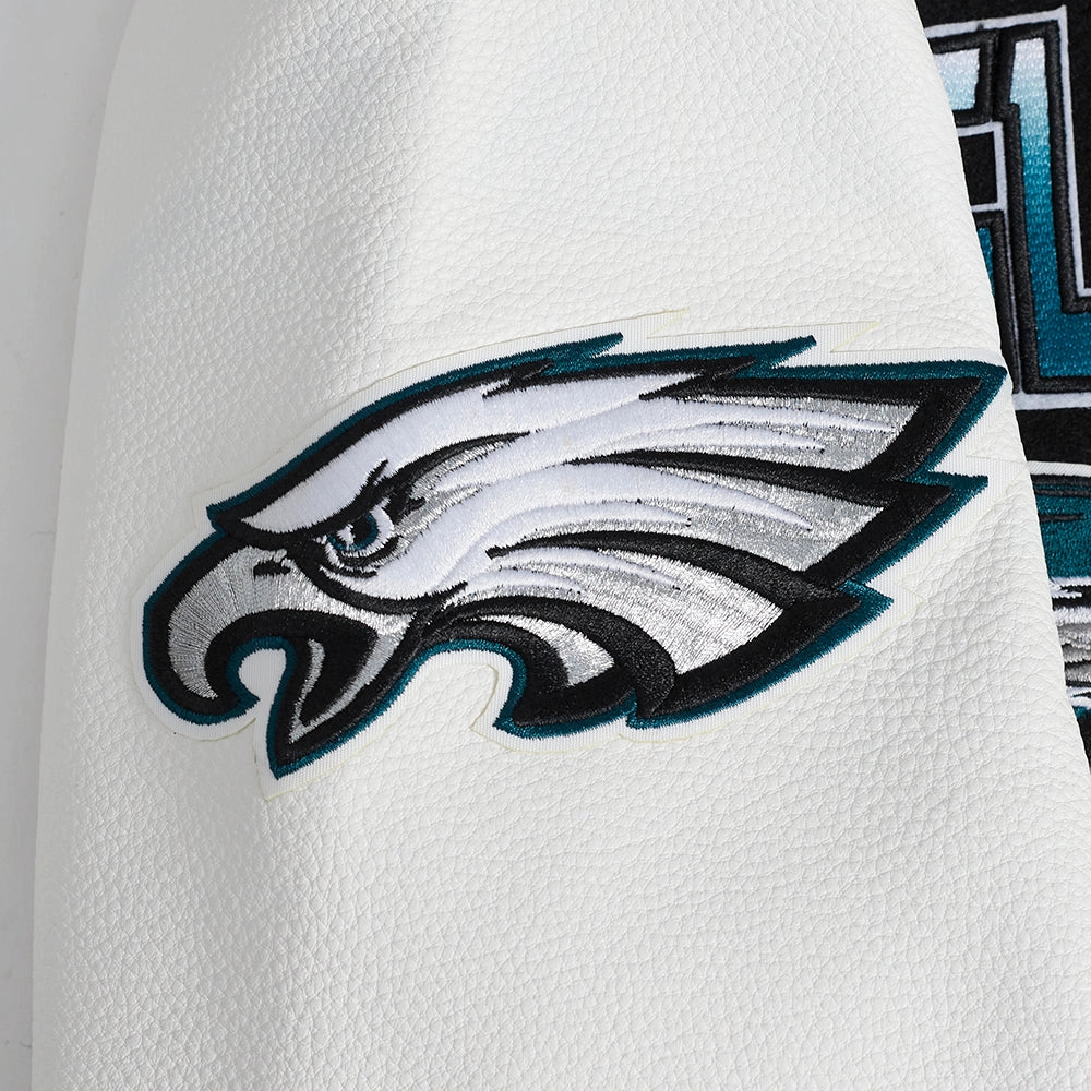 NFL PHILADELPHIA EAGLES TURN IT UP MEN'S RIB WOOL VARSITY JACKET (BLACK/WHITE)