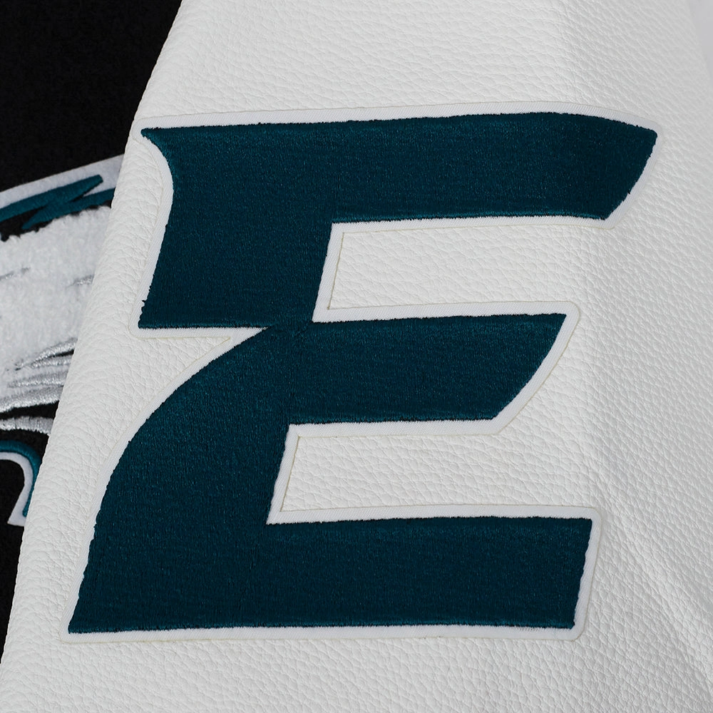 NFL PHILADELPHIA EAGLES TURN IT UP MEN'S RIB WOOL VARSITY JACKET (BLACK/WHITE)