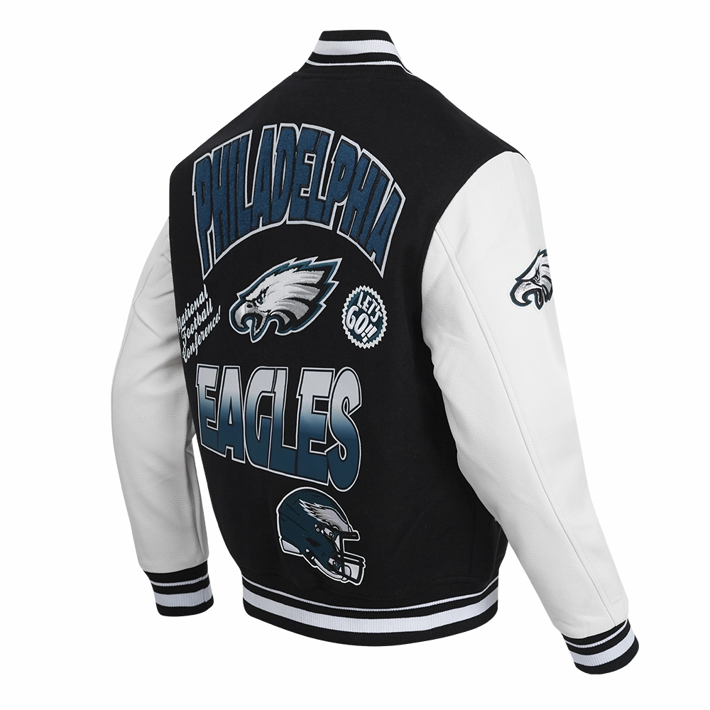 NFL PHILADELPHIA EAGLES TURN IT UP MEN'S RIB WOOL VARSITY JACKET (BLACK/WHITE)