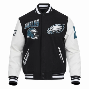 NFL PHILADELPHIA EAGLES TURN IT UP MEN'S RIB WOOL VARSITY JACKET (BLACK/WHITE)