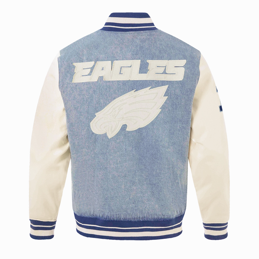 NFL PHILADELPHIA EAGLES VARSITY BLUES MEN'S DENIM VARSITY JACKET (DENIM/LINEN)