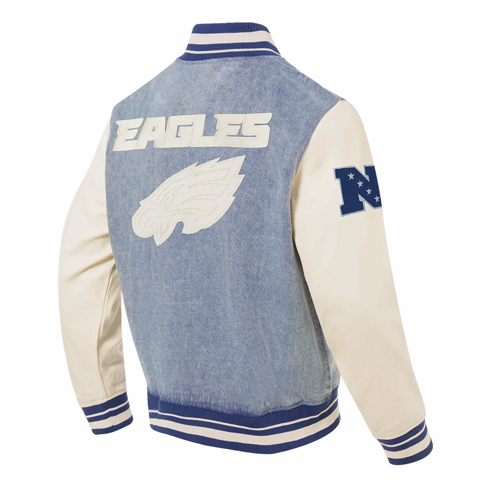 NFL PHILADELPHIA EAGLES VARSITY BLUES MEN'S DENIM VARSITY JACKET (DENIM/LINEN)