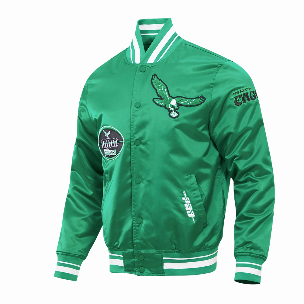 NFL PHILADELPHIA EAGLES VINTAGE OLD ENGLISH MEN'S RIB SATIN JACKET (KELLY GREEN)