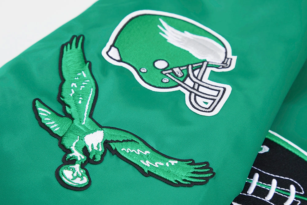 NFL PHILADELPHIA EAGLES VINTAGE OLD ENGLISH MEN'S RIB SATIN JACKET (KELLY GREEN)
