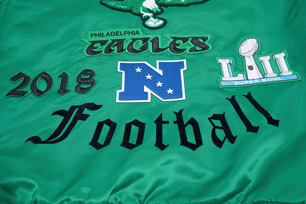 NFL PHILADELPHIA EAGLES VINTAGE OLD ENGLISH MEN'S RIB SATIN JACKET (KELLY GREEN)