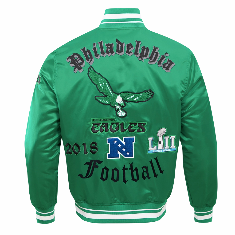 NFL PHILADELPHIA EAGLES VINTAGE OLD ENGLISH MEN'S RIB SATIN JACKET (KELLY GREEN)