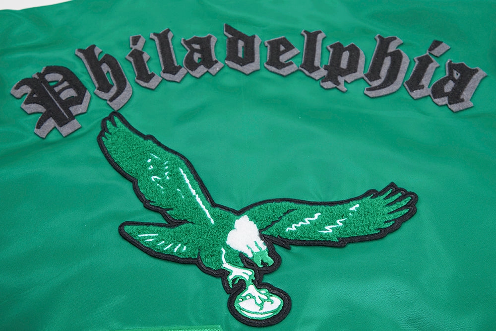 NFL PHILADELPHIA EAGLES VINTAGE OLD ENGLISH MEN'S RIB SATIN JACKET (KELLY GREEN)