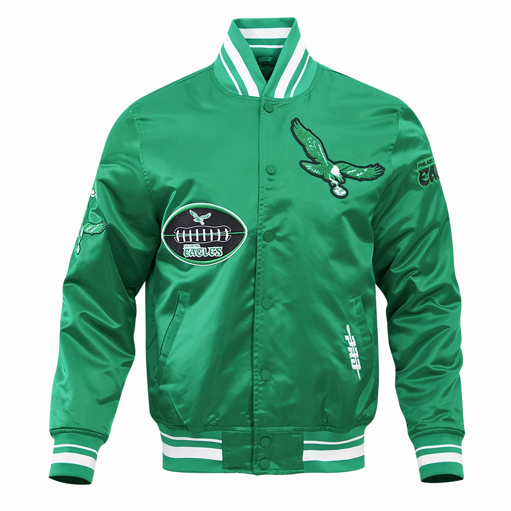 NFL PHILADELPHIA EAGLES VINTAGE OLD ENGLISH MEN'S RIB SATIN JACKET (KELLY GREEN)