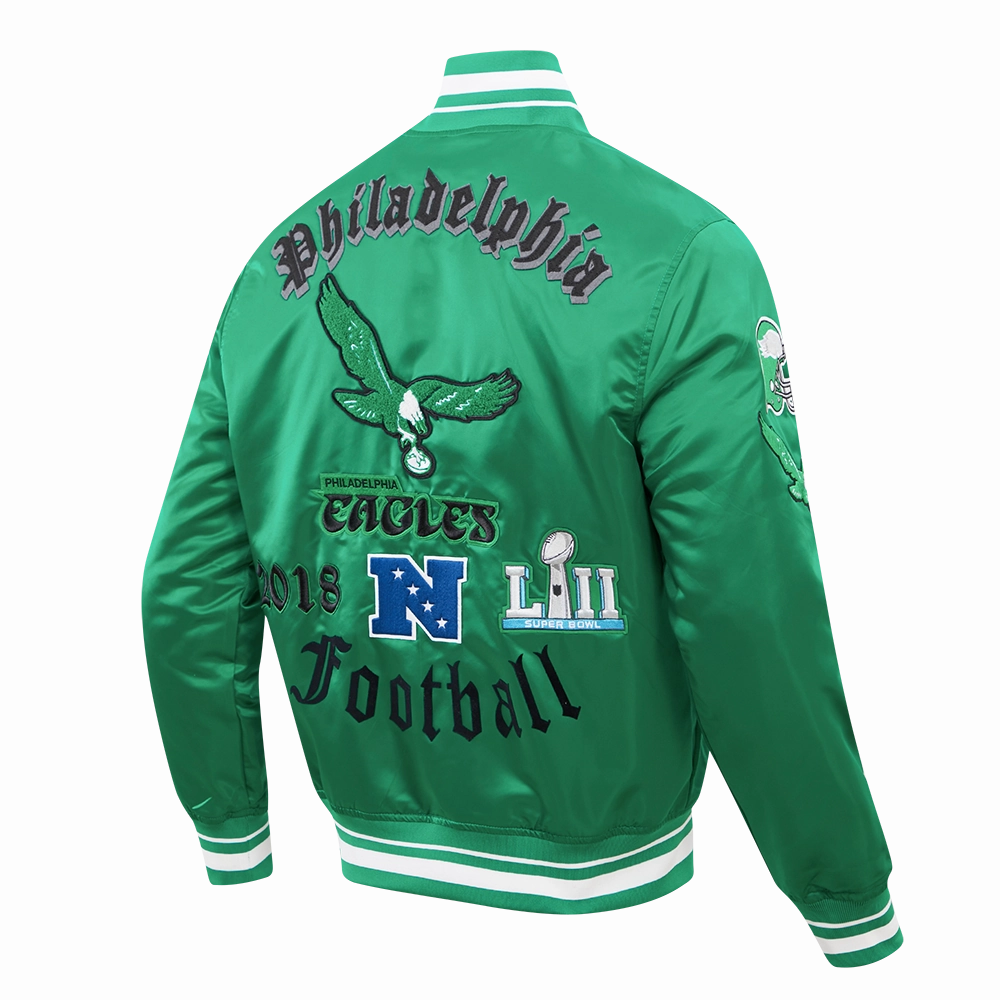 NFL PHILADELPHIA EAGLES VINTAGE OLD ENGLISH MEN'S RIB SATIN JACKET (KELLY GREEN)