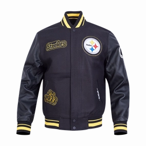 NFL PITTSBURGH STEELERS DIY PICK STITCH MEN'S RIB WOOL VARSITY JACKE (BLACK/YELLOW)