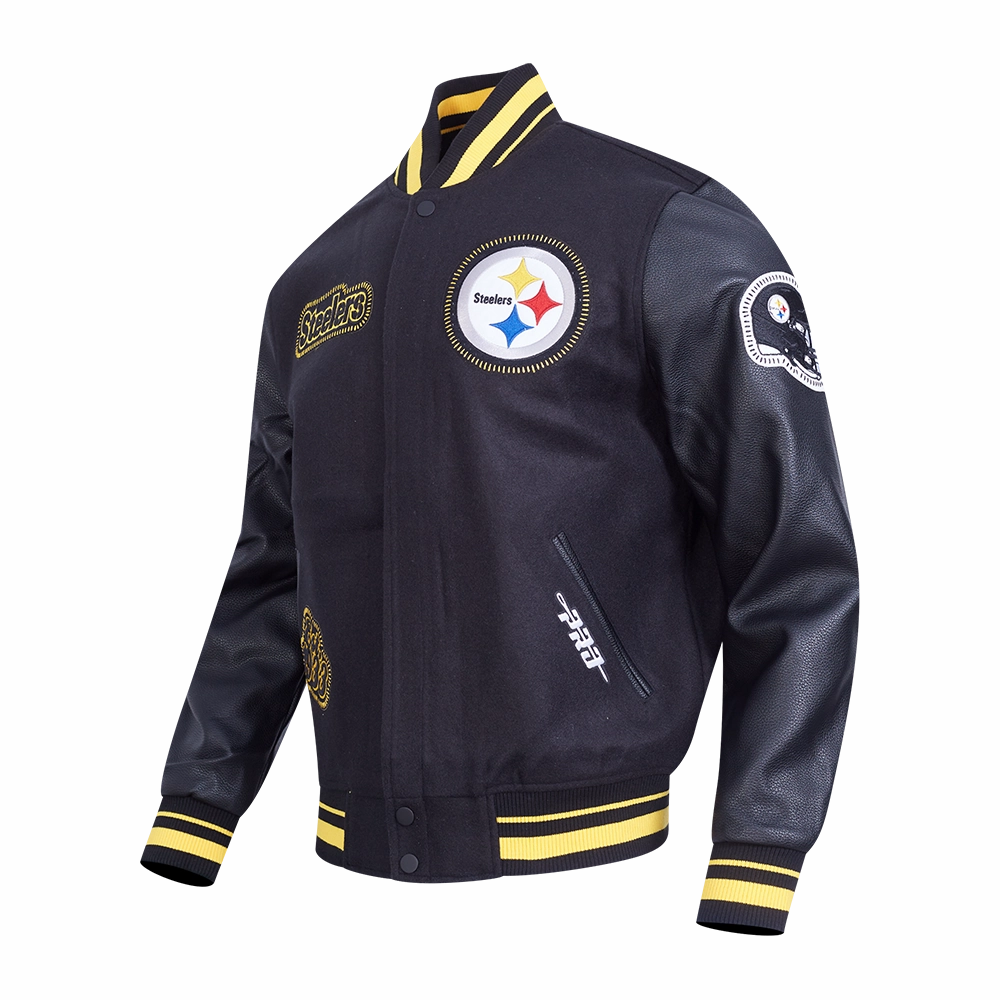 NFL PITTSBURGH STEELERS DIY PICK STITCH MEN'S RIB WOOL VARSITY JACKE (BLACK/YELLOW)
