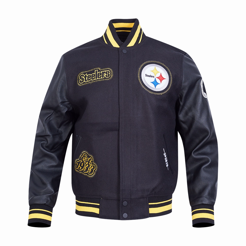 NFL PITTSBURGH STEELERS DIY PICK STITCH MEN'S RIB WOOL VARSITY JACKE (BLACK/YELLOW)