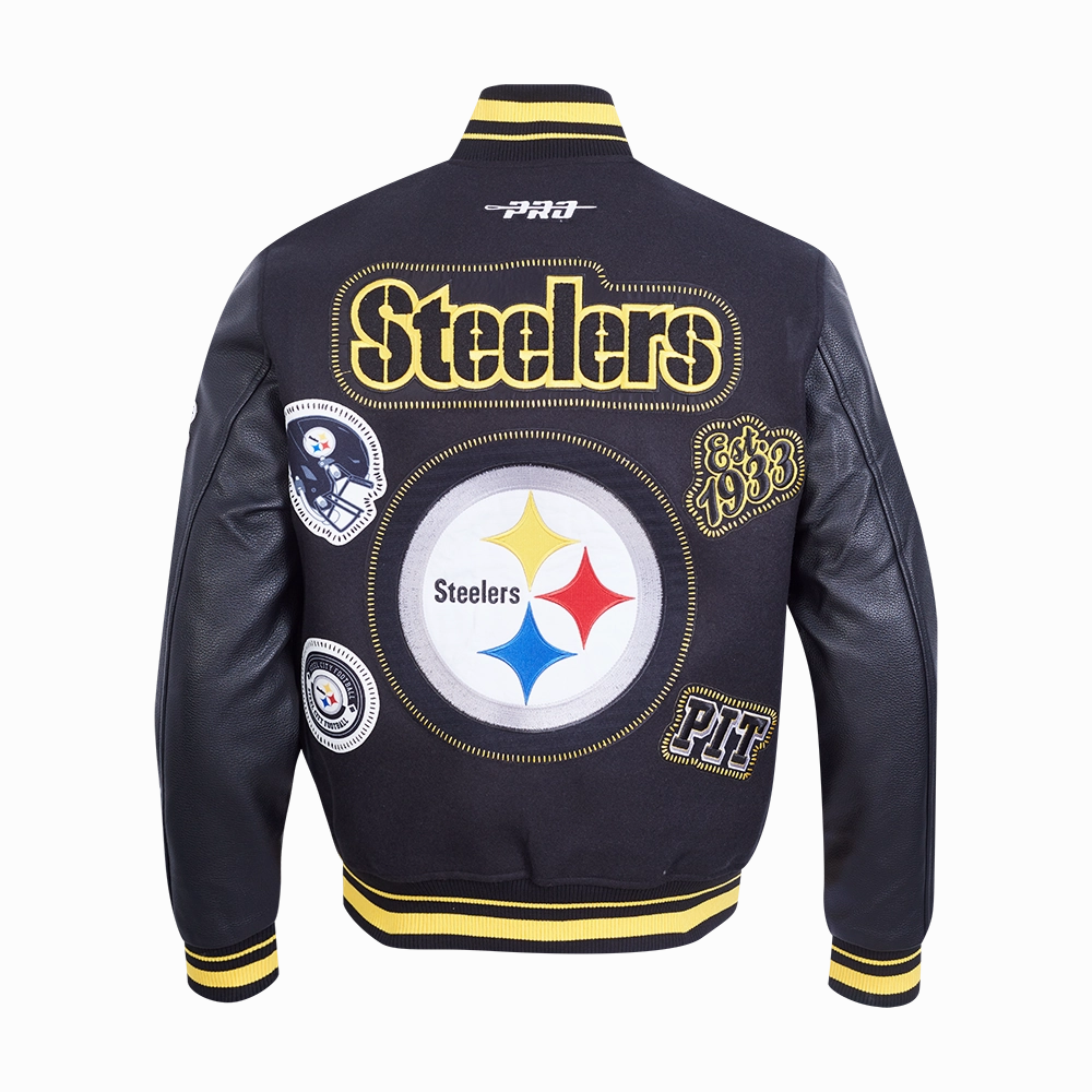 NFL PITTSBURGH STEELERS DIY PICK STITCH MEN'S RIB WOOL VARSITY JACKE (BLACK/YELLOW)