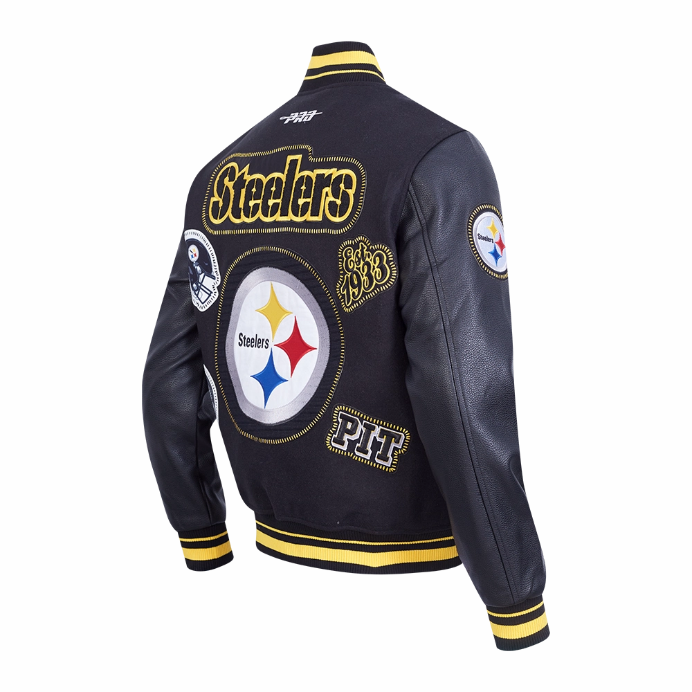 NFL PITTSBURGH STEELERS DIY PICK STITCH MEN'S RIB WOOL VARSITY JACKE (BLACK/YELLOW)