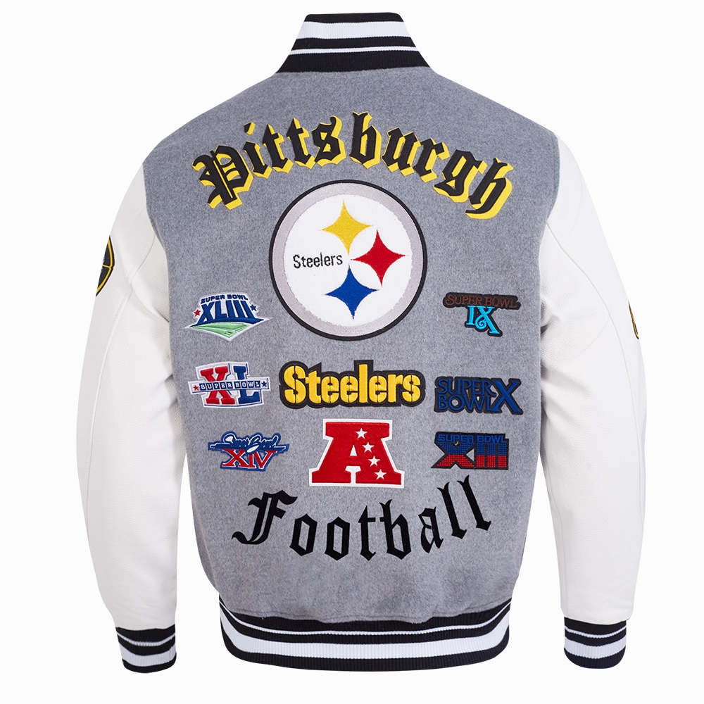NFL PITTSBURGH STEELERS OLD ENGLISH MEN'S RIB WOOL VARSITY JACKET (HEATHER GREY/WHITE/BLACK)
