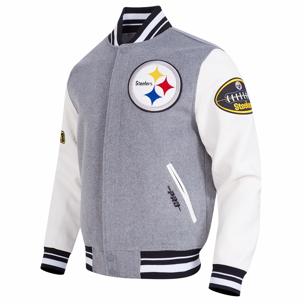 NFL PITTSBURGH STEELERS OLD ENGLISH MEN'S RIB WOOL VARSITY JACKET (HEATHER GREY/WHITE/BLACK)