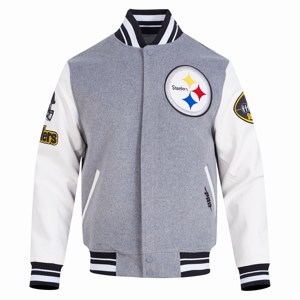 NFL PITTSBURGH STEELERS OLD ENGLISH MEN'S RIB WOOL VARSITY JACKET (HEATHER GREY/WHITE/BLACK)