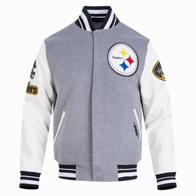 NFL PITTSBURGH STEELERS OLD ENGLISH MEN'S RIB WOOL VARSITY JACKET (HEATHER GREY/WHITE/BLACK)