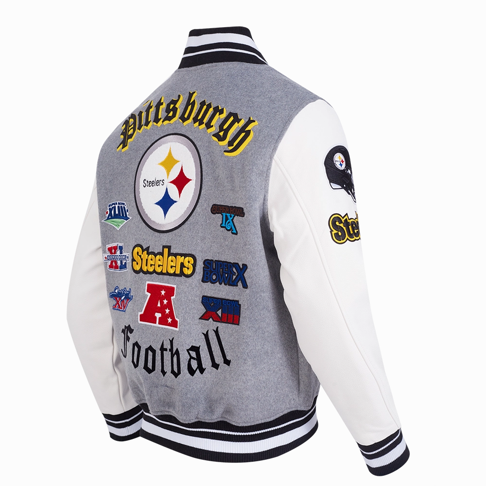 NFL PITTSBURGH STEELERS OLD ENGLISH MEN'S RIB WOOL VARSITY JACKET (HEATHER GREY/WHITE/BLACK)