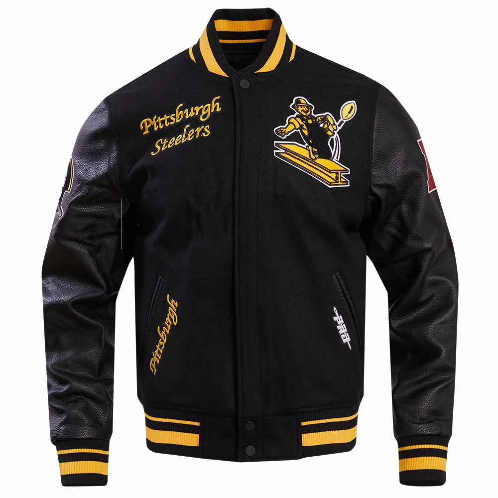 NFL PITTSBURGH STEELERS RETRO CLASSIC MEN'S RIB WOOL VARSITY JACKET (BLACK/YELLOW)