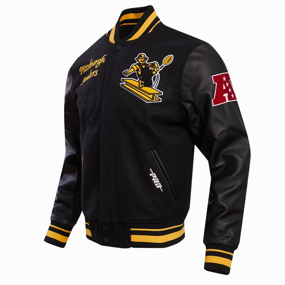 NFL PITTSBURGH STEELERS RETRO CLASSIC MEN'S RIB WOOL VARSITY JACKET (BLACK/YELLOW)