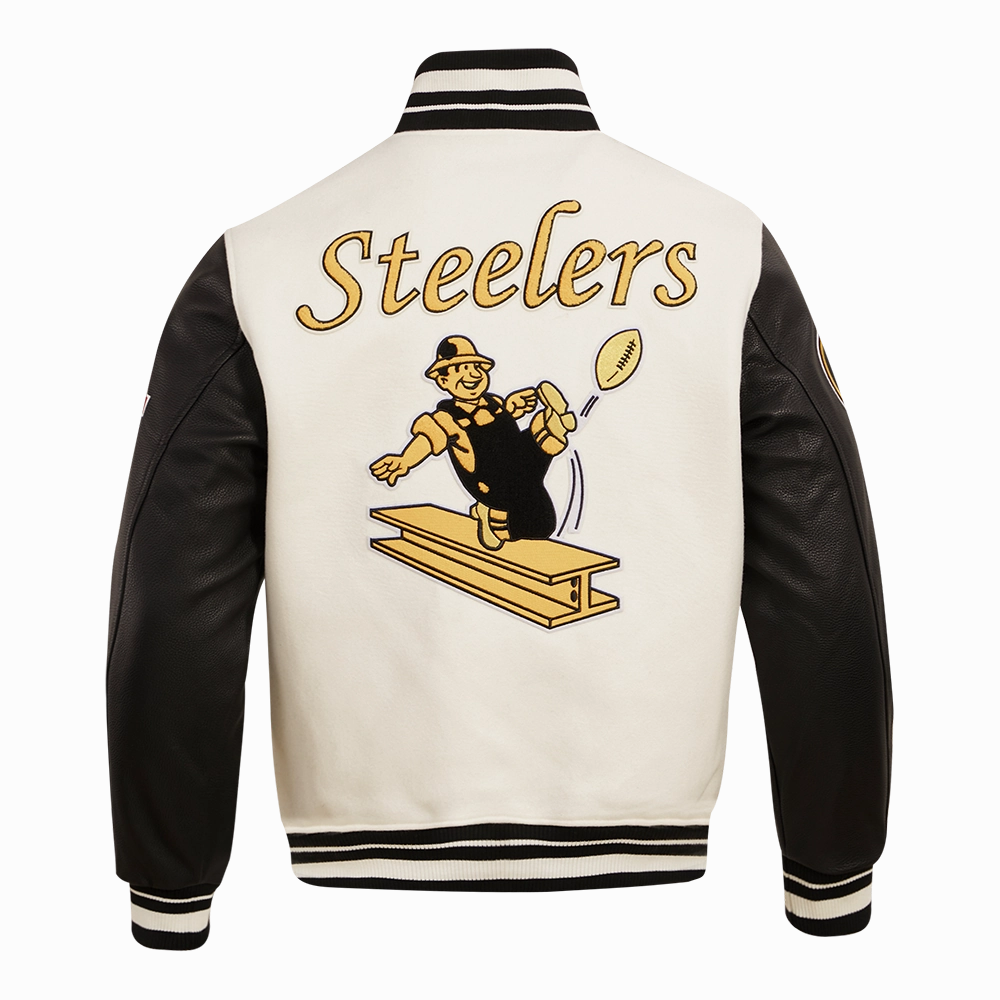 NFL PITTSBURGH STEELERS RETRO CLASSIC MEN'S RIB WOOL VARSITY JACKET (EGGSHELL/ BLACK)