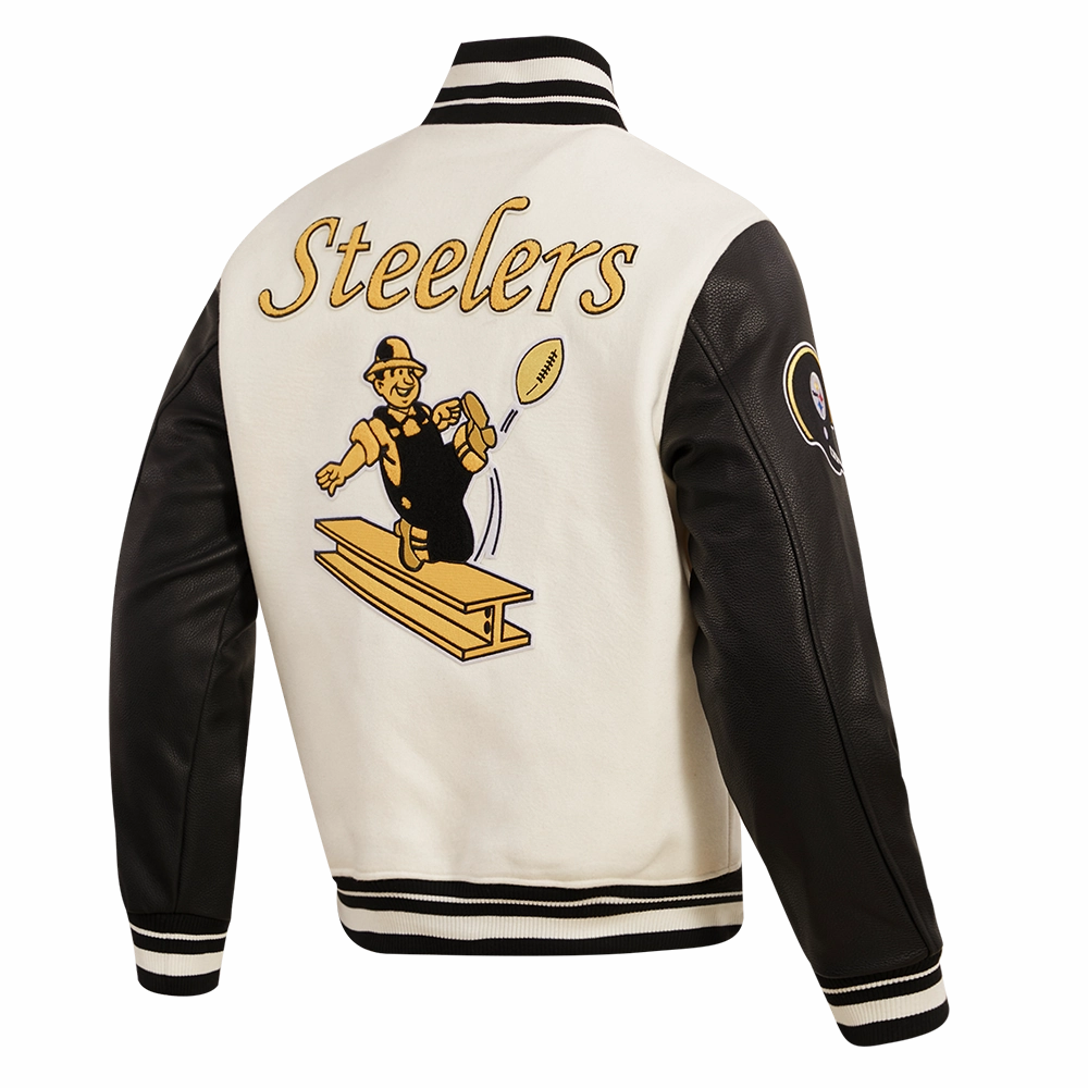 NFL PITTSBURGH STEELERS RETRO CLASSIC MEN'S RIB WOOL VARSITY JACKET (EGGSHELL/ BLACK)