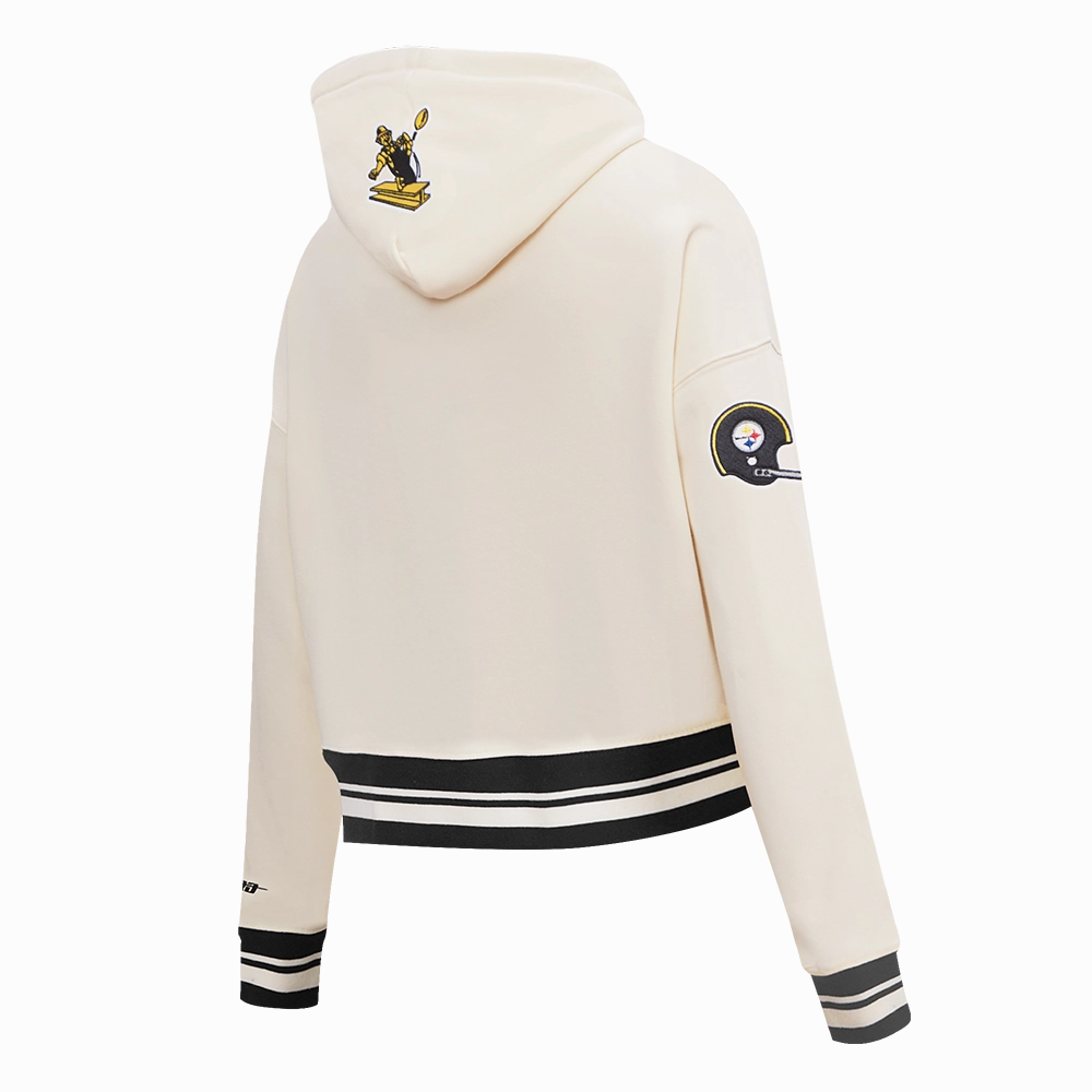 NFL PITTSBURGH STEELERS RETRO CLASSIC WOMEN'S CROPPED PULLOVER HOODIE (EGGSHELL/ BLACK)
